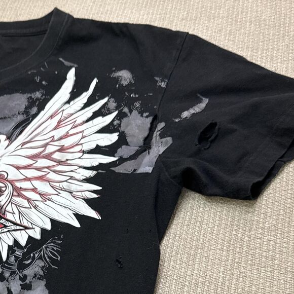 Y2K Grunge Thrashed Black Affliction Style Graphic Tee Konflic Large Cross Wings - Picture 5 of 5